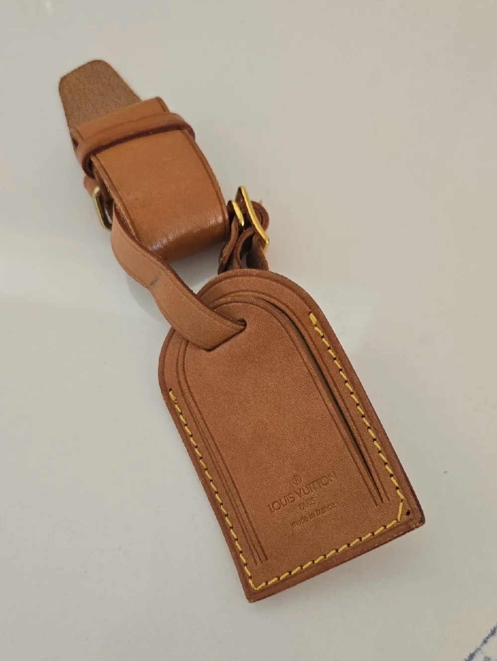 Louis Vuitton Brown Leather Luggage Tag with Yellow Stitching, GUC